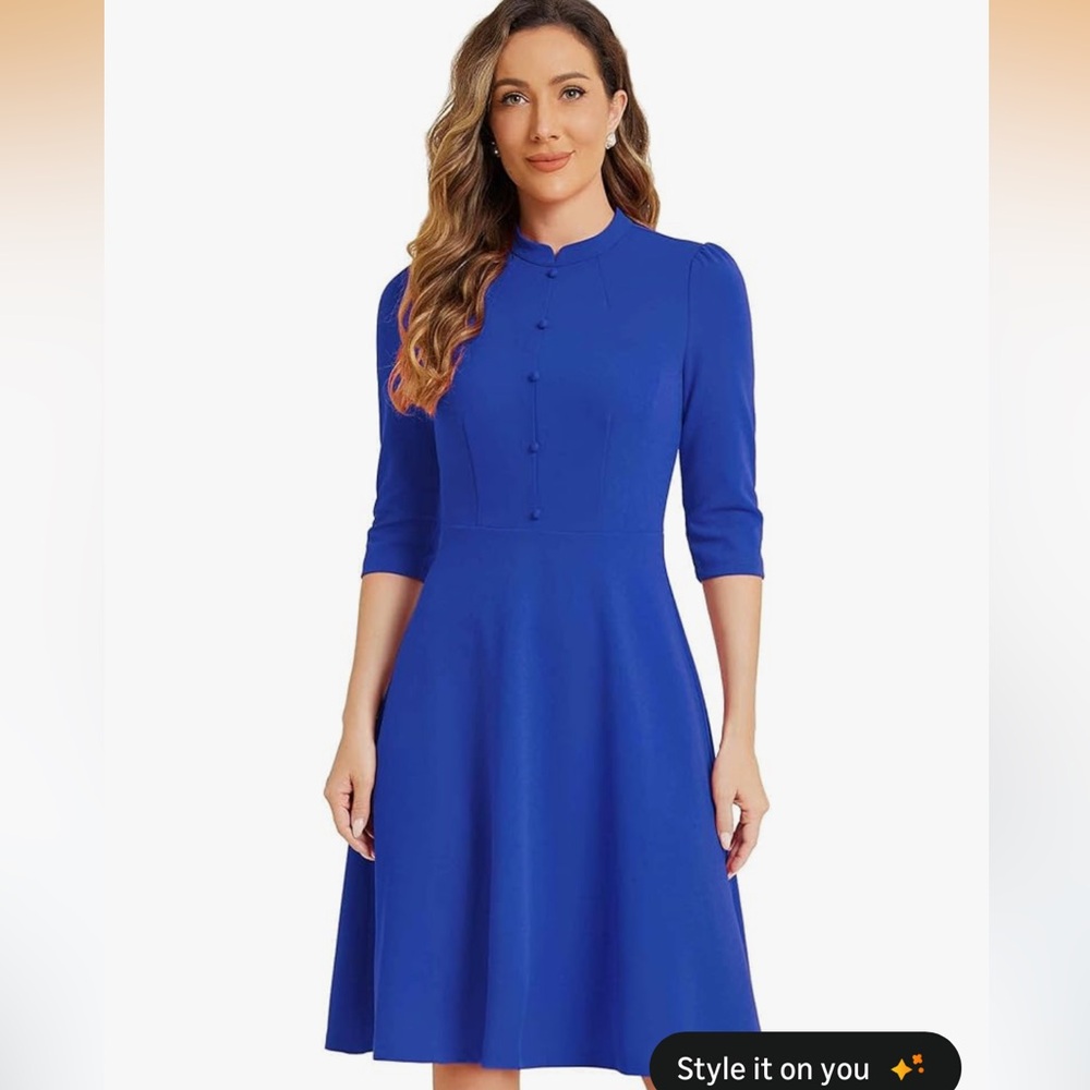 Allegra K Royal Blue Long Sleeve Button-Front A-Line Dress